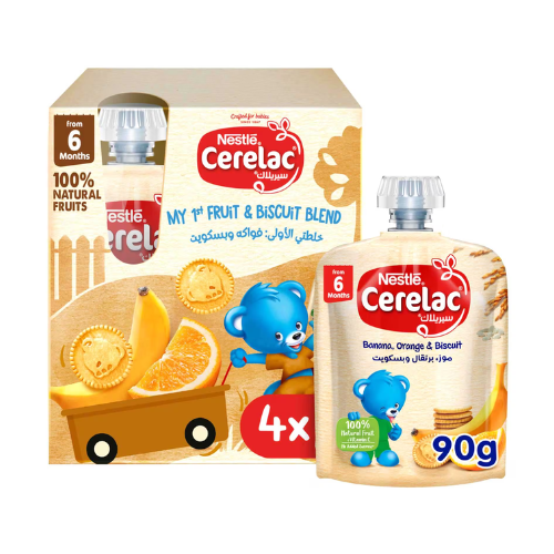 نستله سيريلاك مهروس فواكه بنكهة موز وبرتقال وبسكويت من 6 شهور، 4 × 90 جم